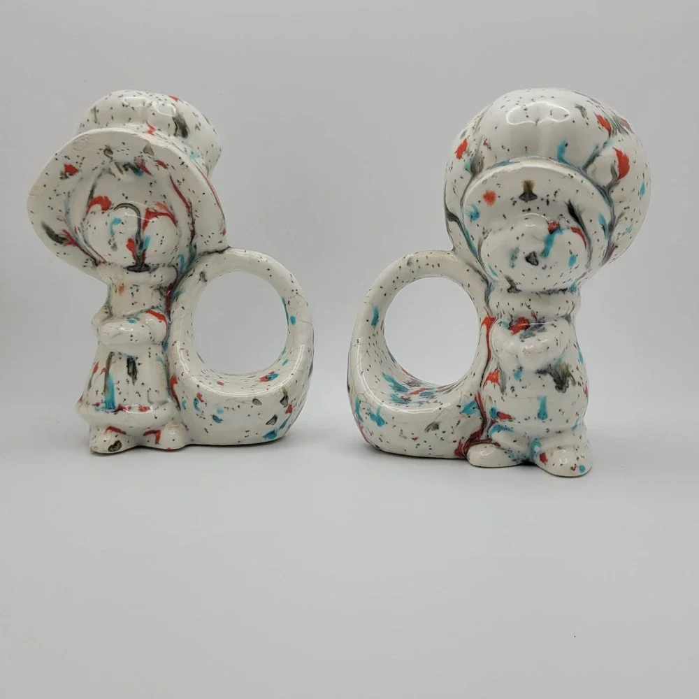 Vintage Holly‎ Hobbie and Robby Napkin Ring Figurine Set Ceramic Rainbow Speckle